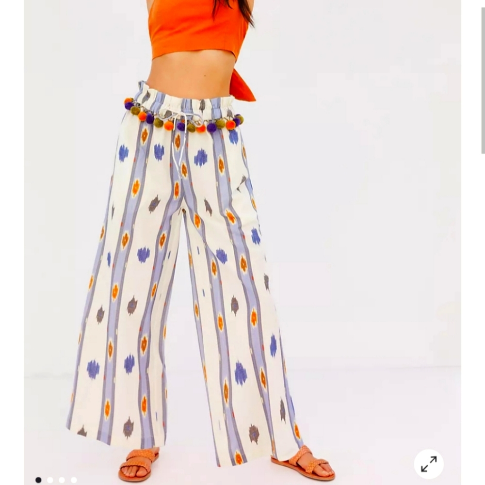 Anthropologie Ollari Pom Pom Wide leg pants blue ivory orange Cotton Linen XS